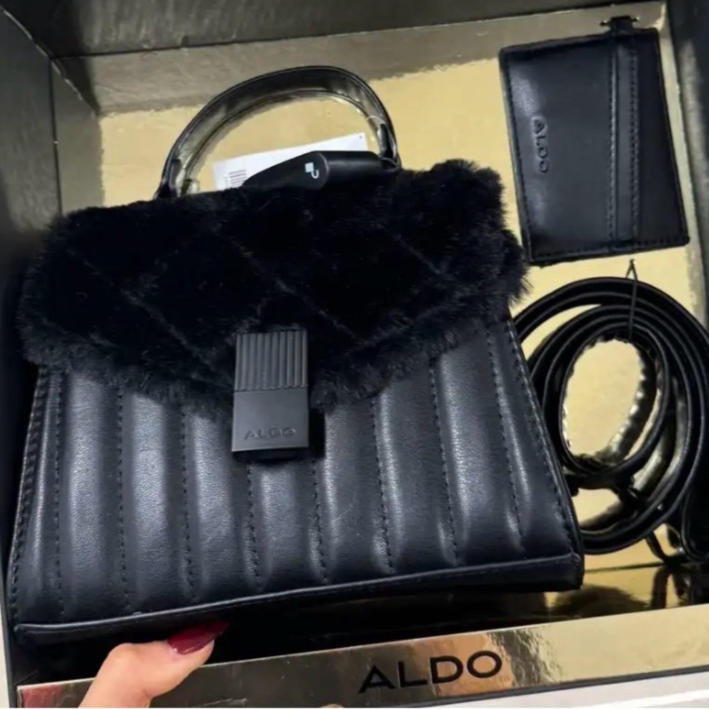 New Aldo Black Faux Fur Handbag & Wallet Set